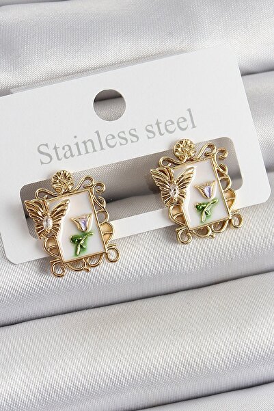 Inure Jewelry أقراط نسائية من النحاس الأبيض المينا الفنية باللون الذهبي
