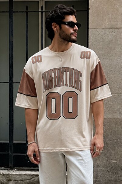 Madmext Tricou oversize pentru bărbați din bumbac imprimat bej 7035