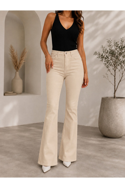 TRUEJNS Mona Kadın Bej Yüksek Bel Likralı İspanyol Paça Trend Jeans