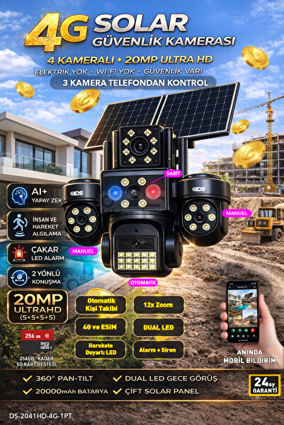 IDS 20MP Ultra HD 4 Lens Tam Kontrol Güneş Enerjili Kamera Sim Kartlı Dual Le...