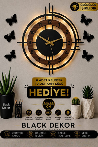 Blackdekor Ceviz Renkli Led Işıklı Duvar Saati | Modern Ve Şık 50 Cm Dekorati...