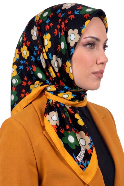 hadiora Women's Black Yellow Floral Patterned Organic Cotton Soft Scarf