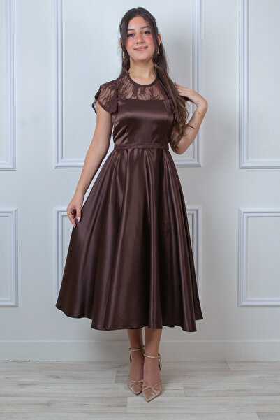 zelia Newly arrived brown satin dress for pre-teenagers with elegant lace det...