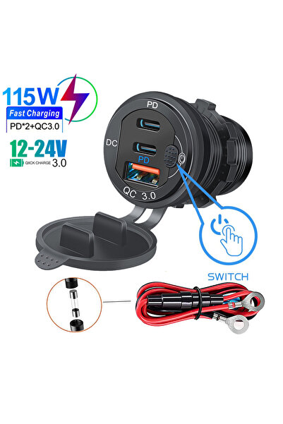 Choice3 شاحن سيارة أسود بسلك فيوز 115 واط مع تقنية QC3.0 وPD من النوع C، مقبس...