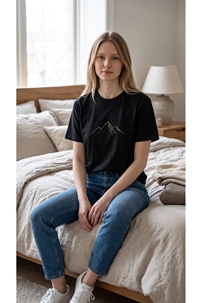 Lumora Store %100 Pamuk Summit Minimal Dağ Tasarımı Baskılı Unisex Oversize T...