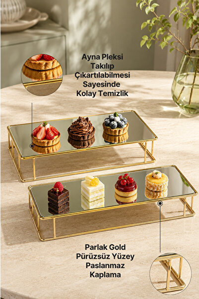 mba decor metal bending art Prisma Model Gold Aynalı Sunum Tepsisi – İkili Set | Dekoratif & Şık Sunum 30x15cm