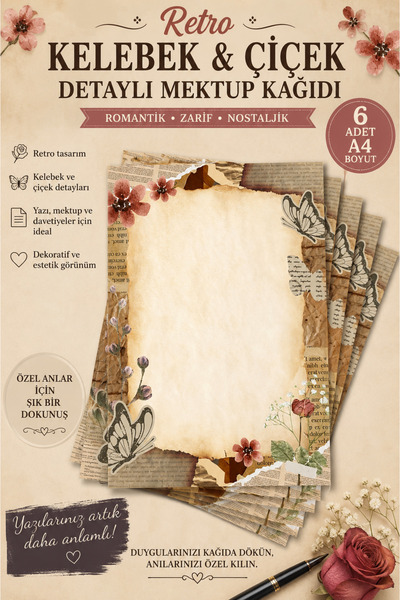 Organik Yolda ورق رسائل بتصميم الفراشات والزهور (12 قطعة بحجم A4)