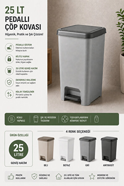Virela Home 25 Lt Pedal Trash Can with Locking Lid Bathroom Kitchen Office Tr...
