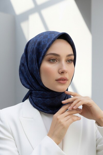Vissona 100% Twill Silk Monogram Patterned Navy Blue Colored 90X90 Scarf Sewi...