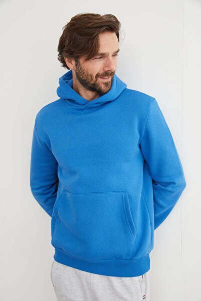 Fulla Moda 3 Thread Basic Kangaroo Pocket Slim Fit Hooded Sweatshirt