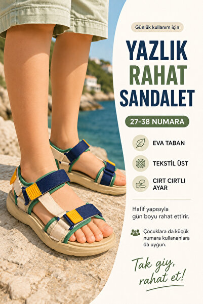 Ayakkabı Deryası Unisex Çocuk Sandalet Mavi Cırt Bantlı Hafif Esnek Taban Yaz...