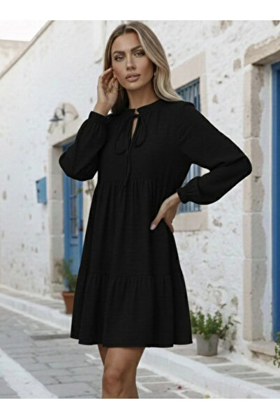 Generic Brand Women's Long Sleeve Neck Tie Ruffled Linen Mini Dress