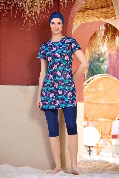 Fulla Moda Costum de baie hijab din 4 piese cu mânecă scurtă cu model