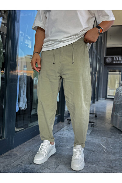BYBASICMAN Light Khaki Seersucker Fabric Loose Fit Trousers By-5058