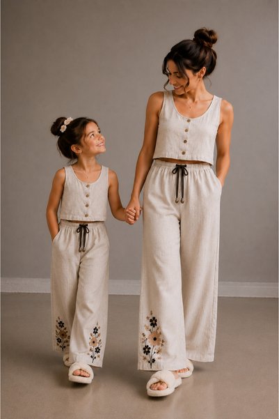 Sahil Collection Embroidery Detailed Summer Linen Fabric Vest and Pants Set (Buy Separately for Mother and Daughter)