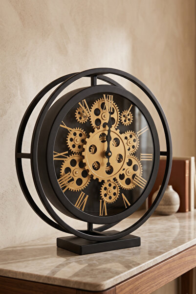 Frapan Home Glx Premium Metal Dekoratif Masa Saati Siyah Gold Hareketli Çarkl...