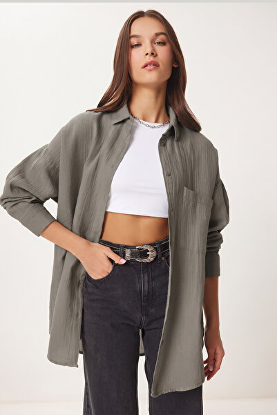 Lovelyİstanbul Oversize Basic Müslin Gömlek GRİ LMX0002