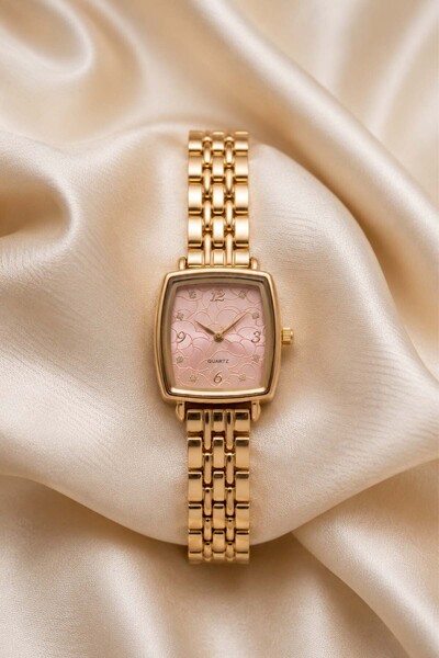 GANYMET Snies Women's Gold Steel Band Pink Dial Rectangular Oval Case Elegant...