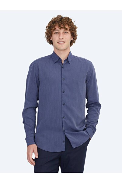 Kip Navy Blue Striped Regular Fit Long Woven Casual Shirt