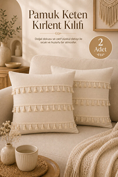 Morlay Set de 2 huse de pernă din in natural cu ciucuri, decor boem rustic vi...