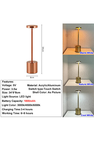 Choice1 Bronze Nordic Style Rechargeable Alloy Desk Lamp, Cordless Touch Cont...