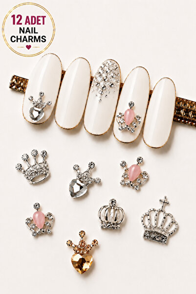 Sibelon Metal Taşlı Charm Set - 12 Adet Charm + 1 Adet cımbız / Tırnak süs st...