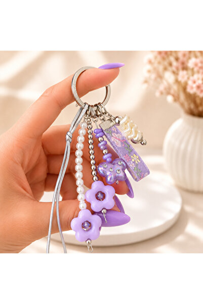 Viranes Pearl, lilac flower, string and beaded bag ornament, keychain, phone ...