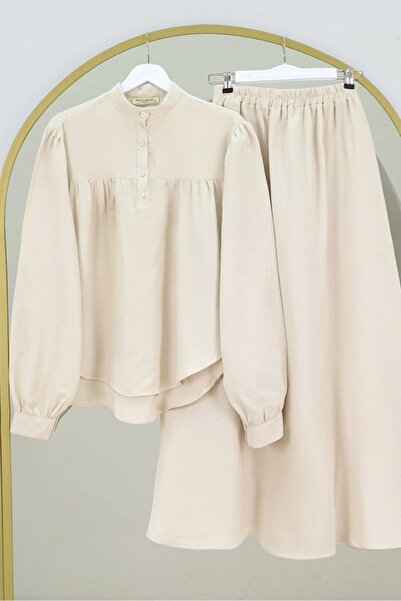 Modamorfo Oval Cut High Neck Blouse Skirt Muslin Set - Stone Color
