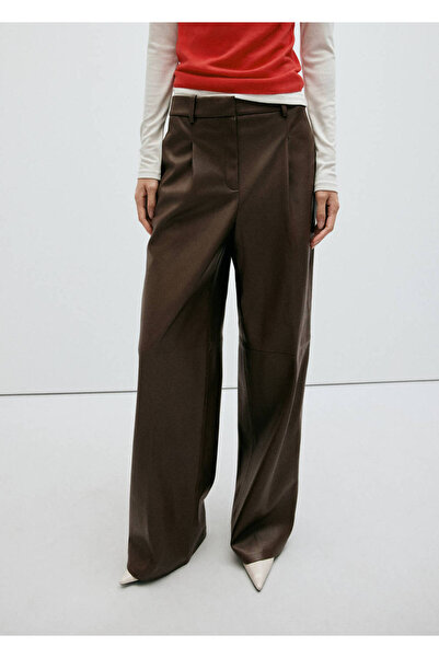 MANGO Woman Deri görünümlü wide leg pantolon