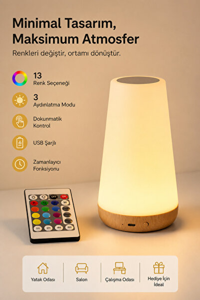 Neovista RGB Dokunmatik LED Masa Lambası Kumandalı, USB Şarjlı, 1500 mAh, Ren...