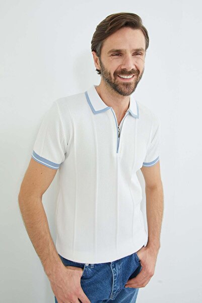 Fulla Moda Striped Half-Zip Polo Collar Knitwear T-Shirt