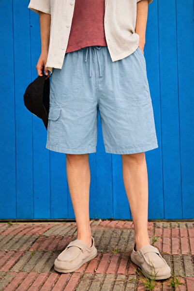 DAMGA JEANS Men's Premium Loose Cargo Pocket A.Blue Linen Shorts