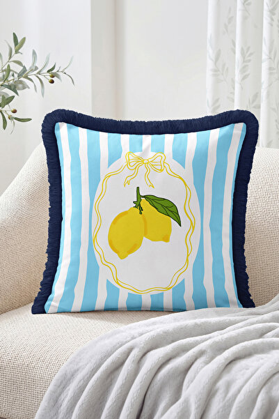 Realhomes Lemon and Bow Framed Striped Patterned Fringed Throw Pillow Cover -...