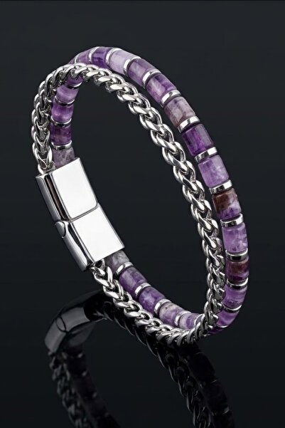 OSMANLI GÜMÜŞ Men's Steel Bracelet with Amethyst Natural Stone and Steel Mesh...
