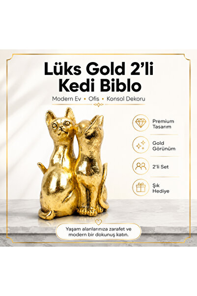 e-life shop Lüks Polyester Gold 2li Kedi Biblo Dekoratif Ürün Ev Ofis Yeni Yı...