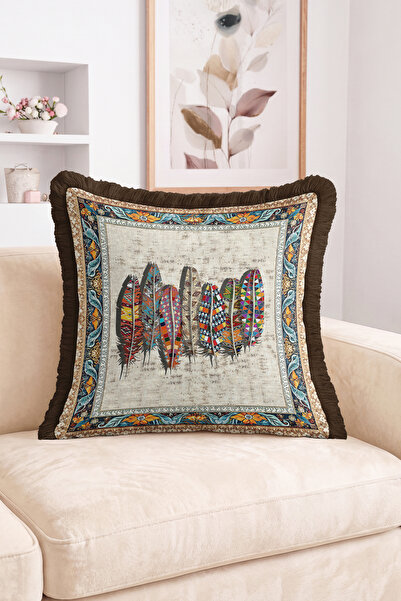 Realhomes Colorful Patchwork Feather Patterned Ethnic Framed Brown Fringed Th...
