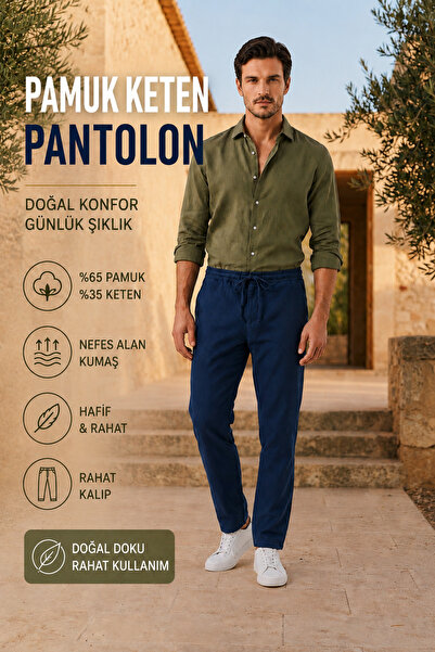 Erkek Lacivert Pamuk Keten Yazlık Pantolon Lastikli Bağcıklı Bel Rahat Kalıp Düz Paça