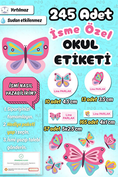 Sticker Ekspres Okul Etiketi Kelebek Temalı Kalem Defter Etiketi Özel İsim Ya...