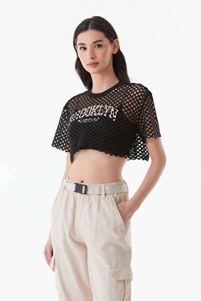 Fulla Moda Baskılı Ajurlu Triko Crop Bluz