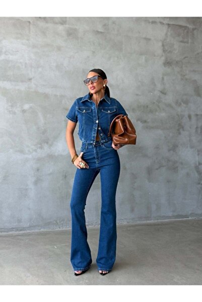 HerTon Women's Lycra Denim Set - Short Sleeve Pocket Detailed Denim Jacket an...