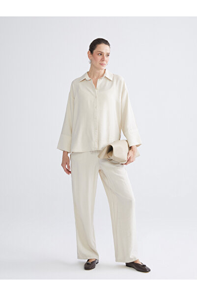 LC Waikiki Lcwaikiki Classic Beige Elastic Waist Textured Wide Leg Women's Tr...