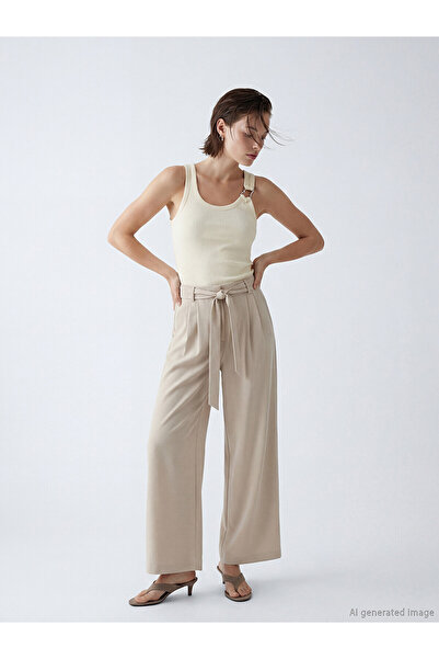 LC Waikiki M1 Season Beige Wide Leg Women's Trousers with Belted Waist