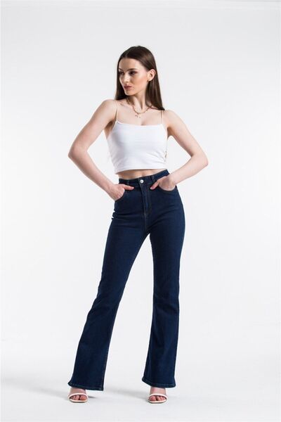 mooishan Navy Blue High Waist Lycra Flared Jeans, Flared Leg Women's Jeans
