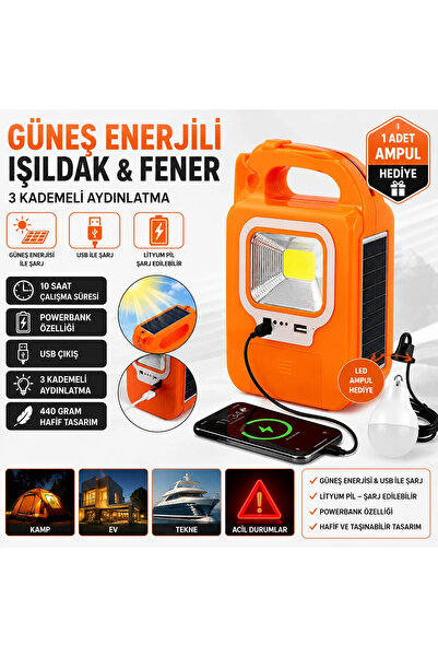 Powermaster Solar Işıldak Fener Güneş Enerjili Ve Usb Şarj Lamba Kamp Güç Kay...
