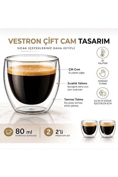 VESTRON 2’li Set Espresso Bardağı 80 ml Kahve Bardağı Çift Cidarlı Bardak VCT