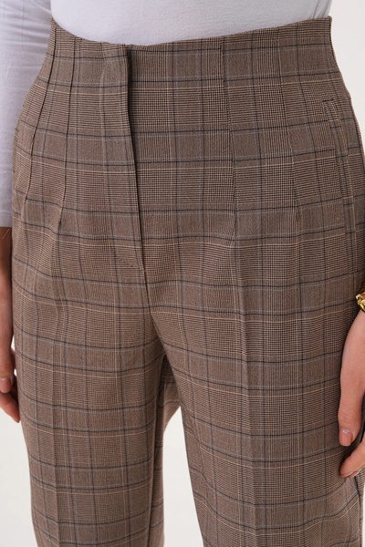 bysoca Women's Brown Checkered High Waist Pencil Detailed Ankle Length Carrot...