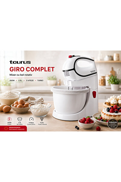 Taurus Mixer cu bol rotativ Giro Complet, 500W, bol 2.5L, 5 viteze + Turbo, m...