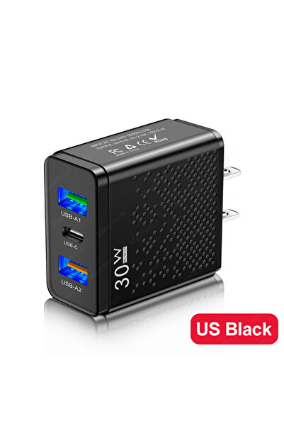 Choice4 US Black 30W Type C Charger 3 Ports Fast Charging EU/US/UK Plug Wall ...
