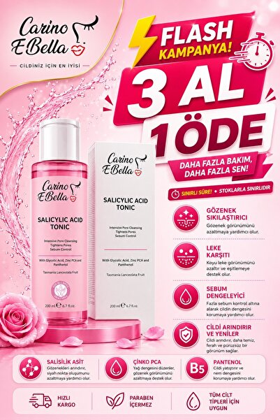 Carino E Bella Salicylic Acid Tonik 200 ML – Akne Karşıtı Gözenek Sıkılaştırı...