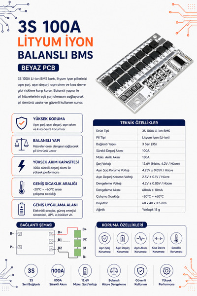 RobotikDepo 3S 100A Lityum İyon Balanslı BMS Beyaz PCB